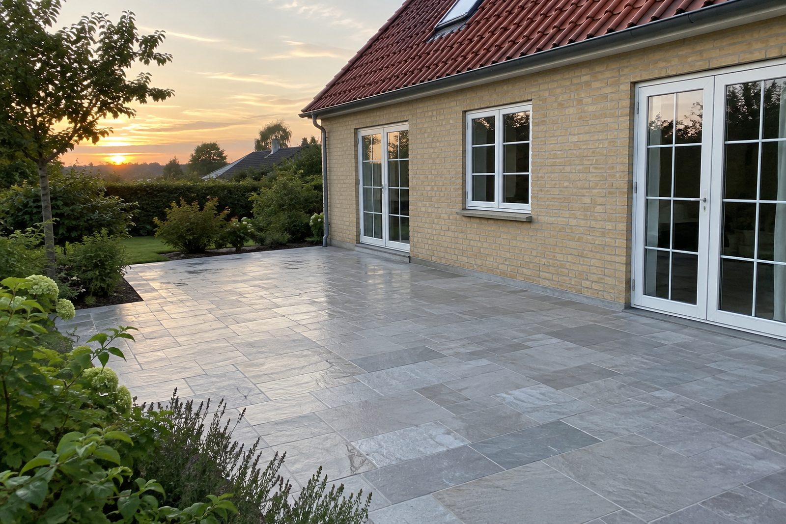 Nystensat terrasse i blødt aftenlys bag en dansk murstensvilla
